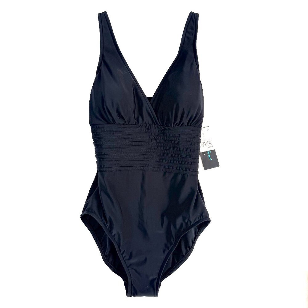 Aqua Green Surplice Adjustable Tummy Compression One Piece Swimsuit S Black NEW
